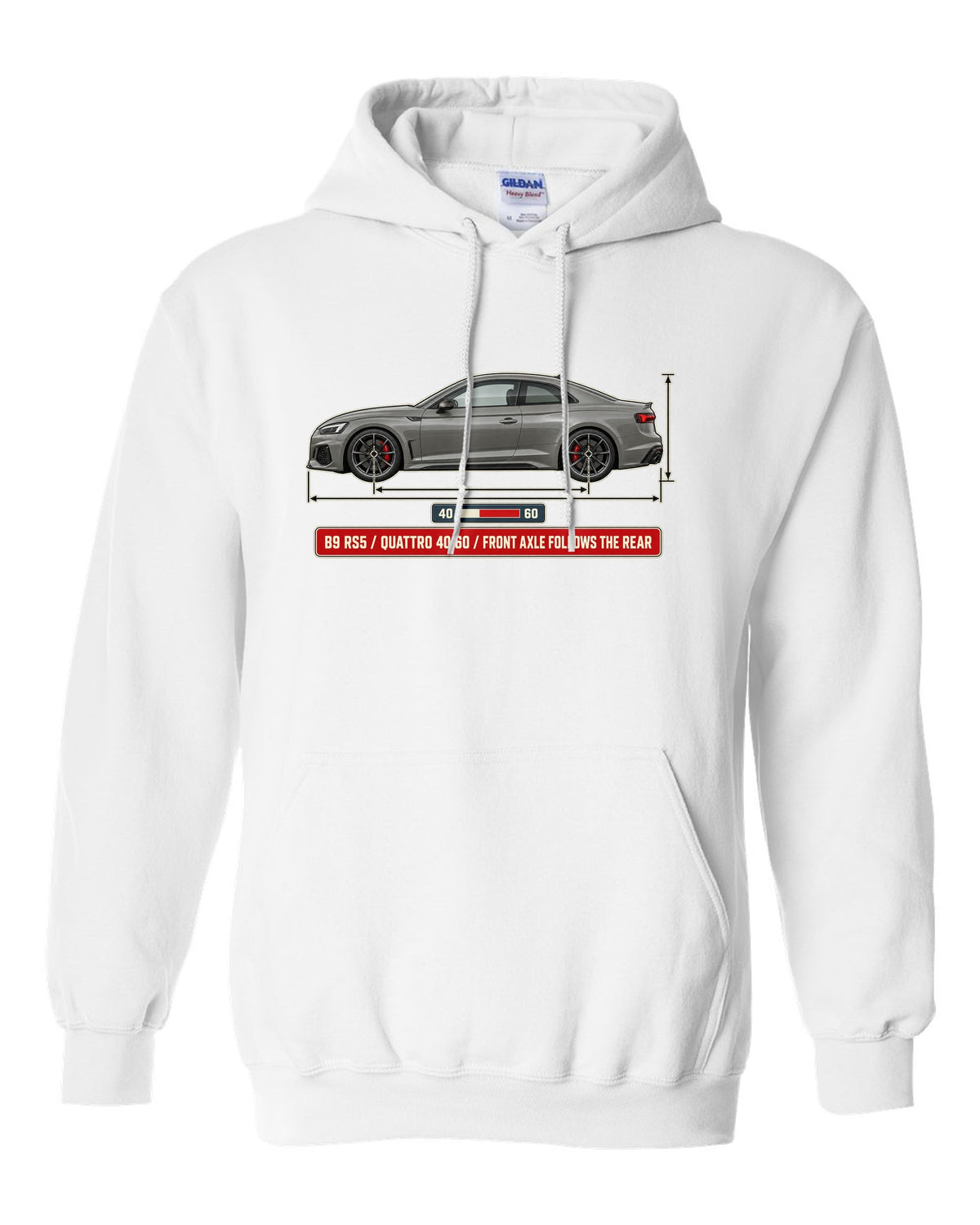 Dimension blueprint of an Audi RS5 Coupe B9 facelift with quattro 40:60 text white pull over hoodie front view with the design