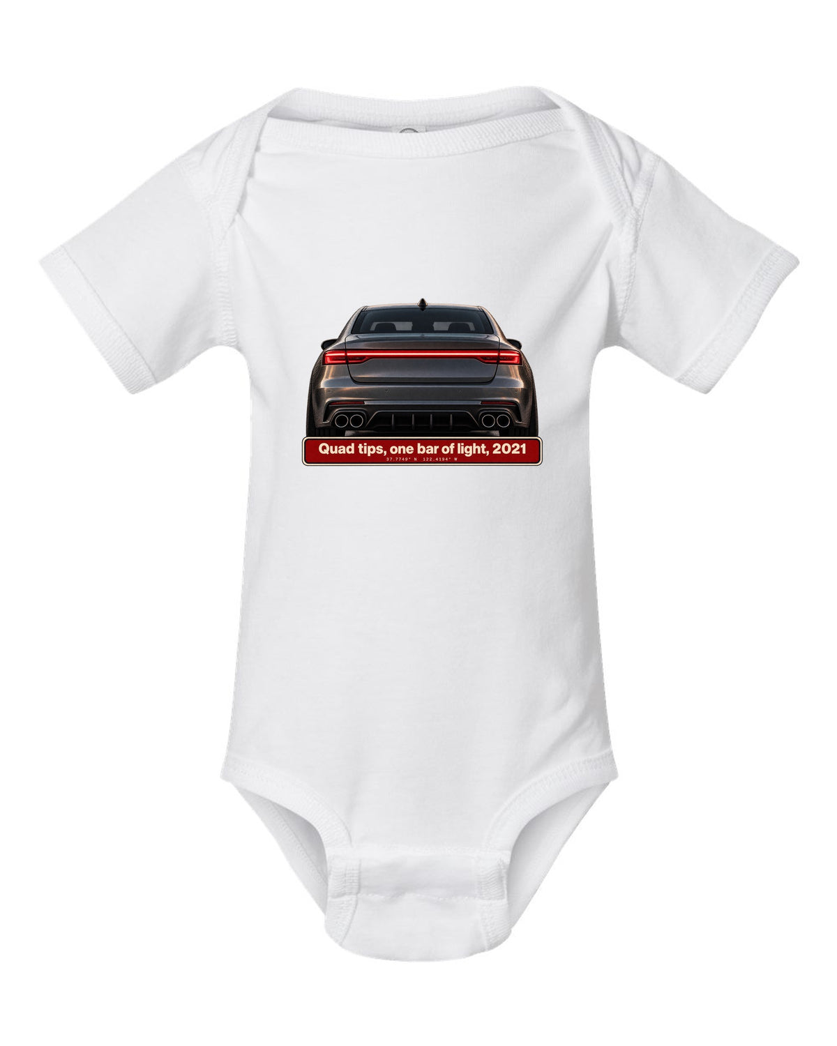 Acura TLX Type S taillight and quad exhaust tips macro print white baby onesie front view with the design