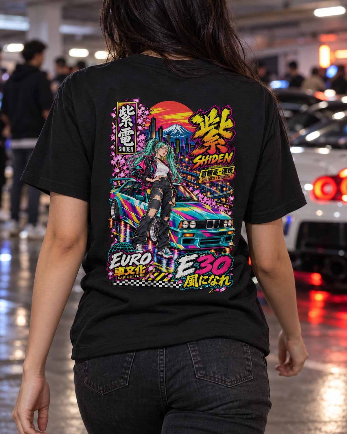 SHIDEN E30 Anime Girl Full-Back Graphic Tee T-Shirt Black worn hero