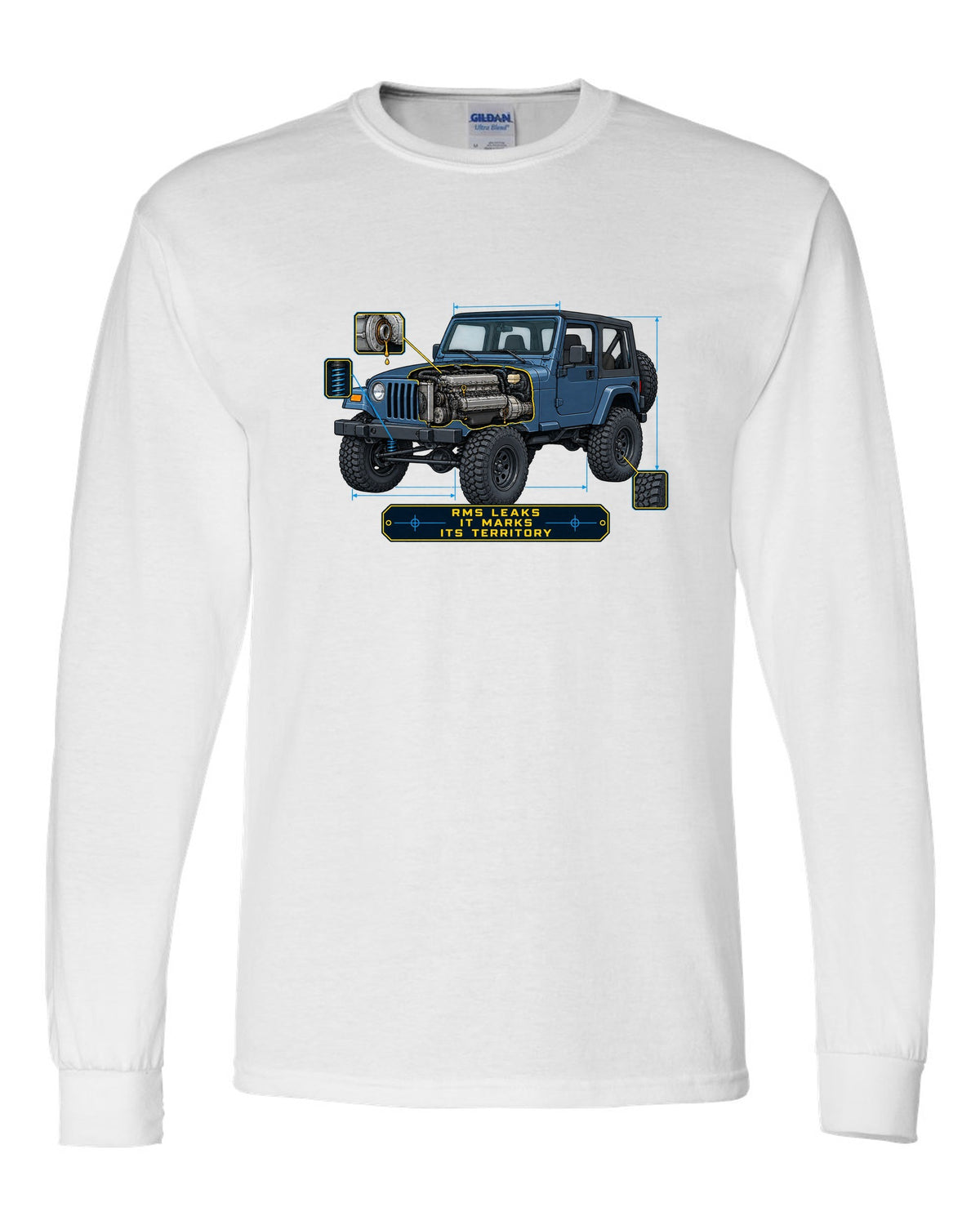 Blueprint style engine cutaway of a Jeep Wrangler TJ with RMS LEAKS IT MARKS ITS TERRITORY lettering white long sleeve front view with the design