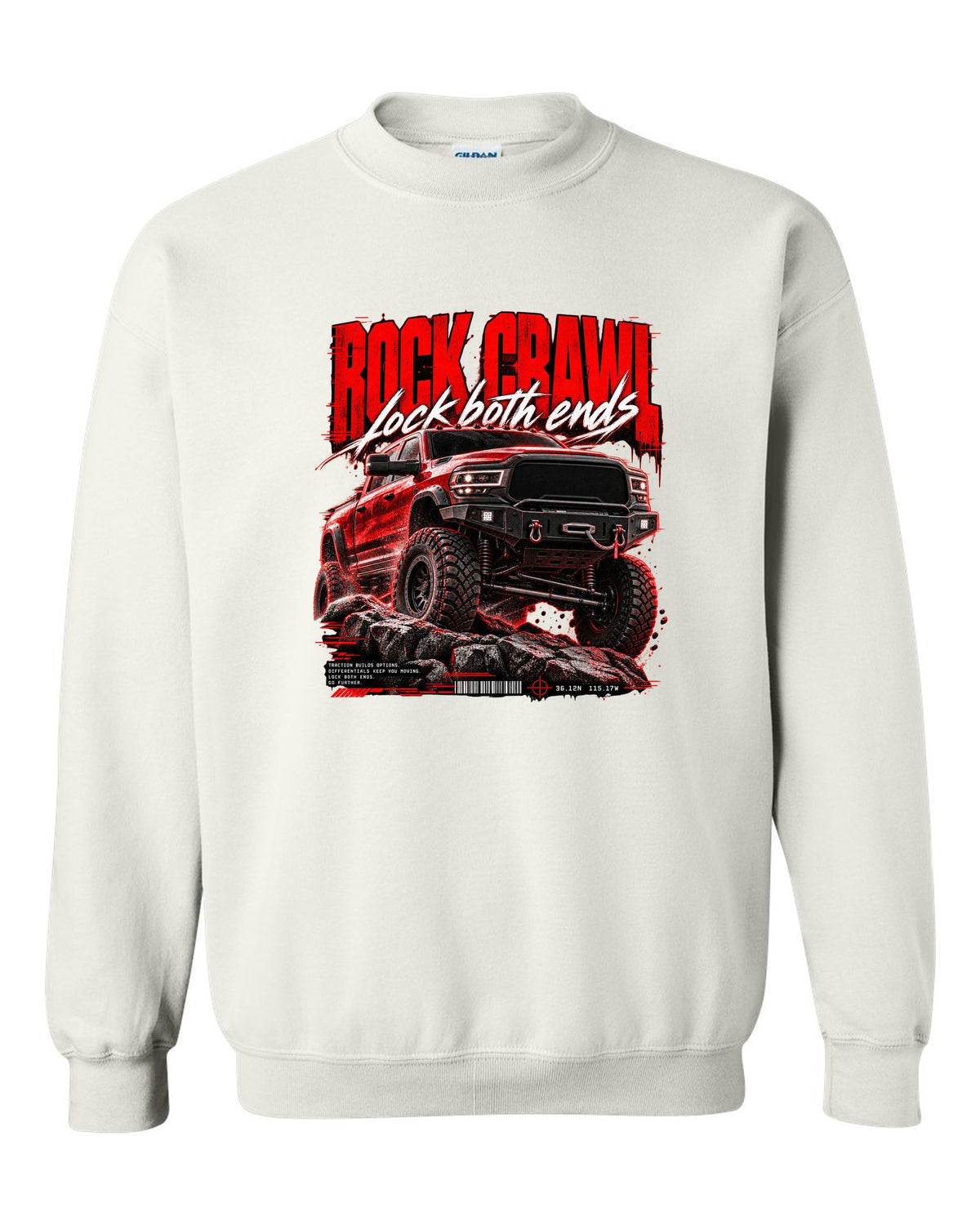 Street poster print of a 2019-2024 Ram 2500 Power Wagon with winch bumper white crewneck front view with the design