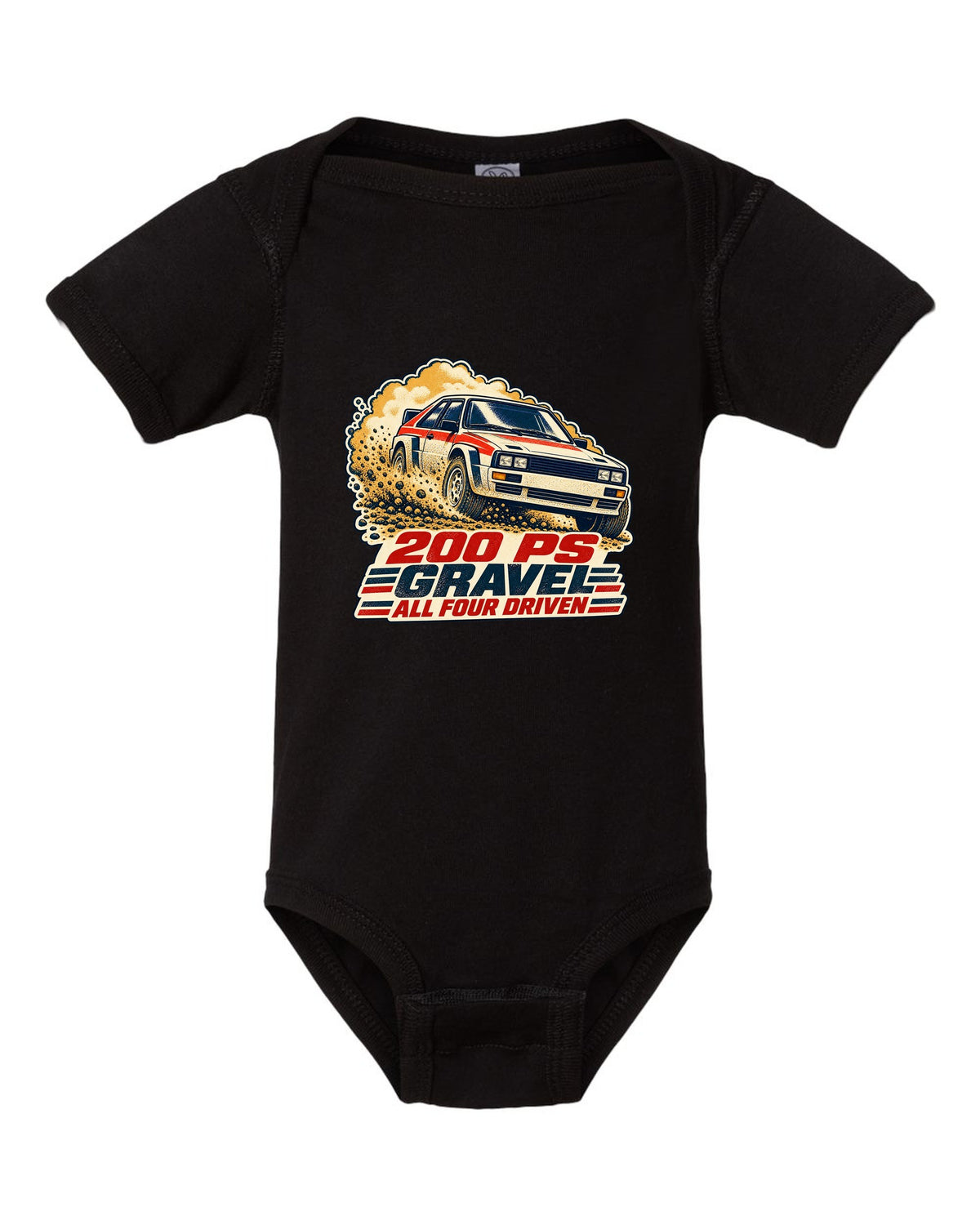 Vintage rally poster screenprint print of an Audi Ur-Quattro Type 85 on gravel black baby onesie front view with the design