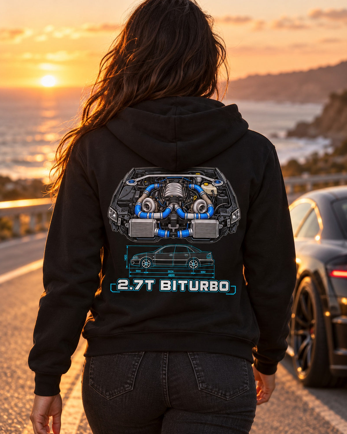 Audi S4 B5 2.7T Biturbo Technical Blueprint Car Shirt Zip Hoodie Black worn hero