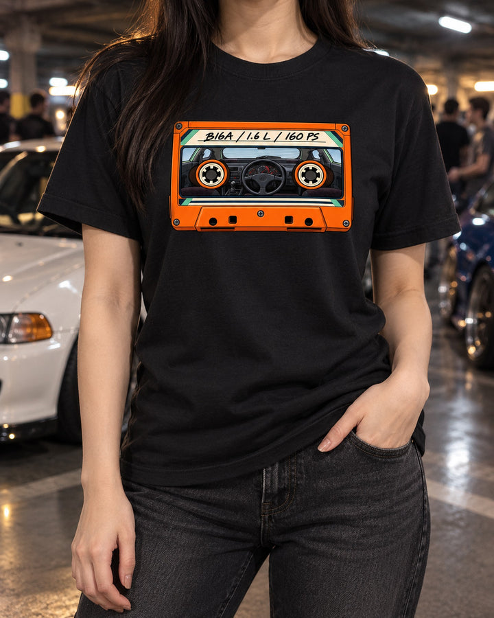 Honda Civic EG6 SiR B16A Cassette Label Shirt T-Shirt Black worn hero