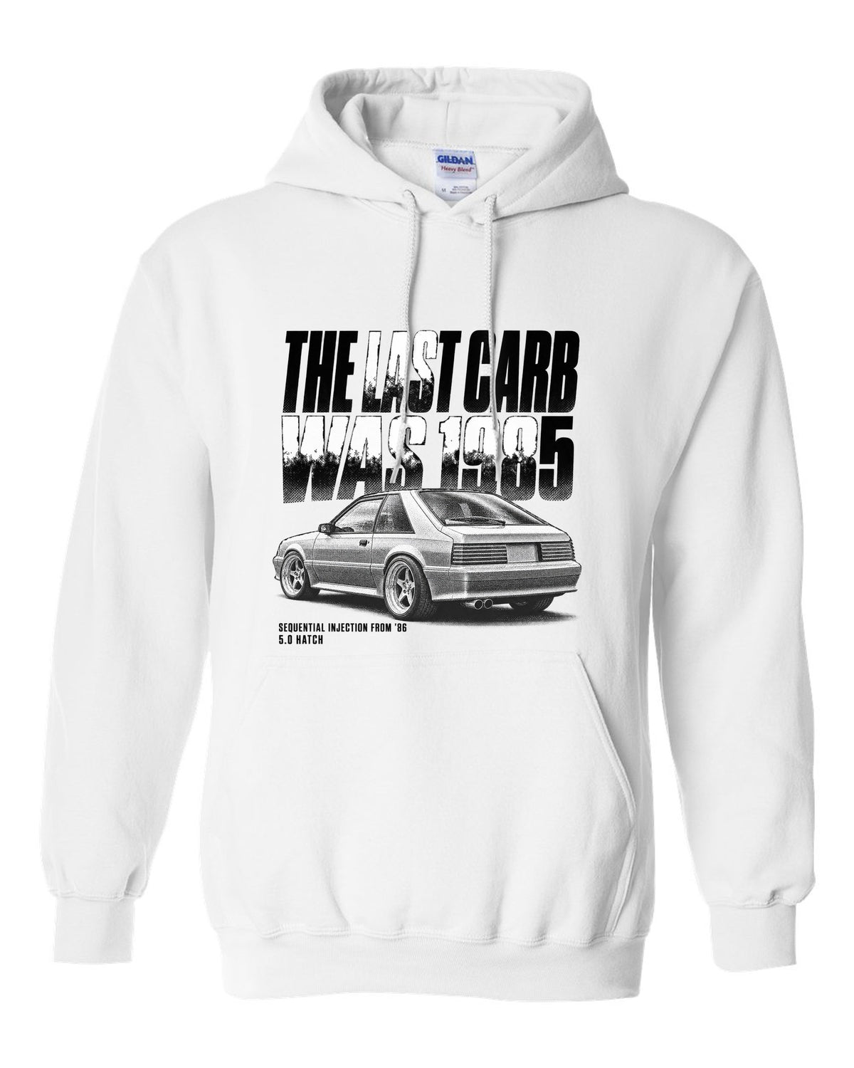 Halftone print of a 1986-89 Ford Mustang Fox Body GT chback white pull over hoodie front view with the design