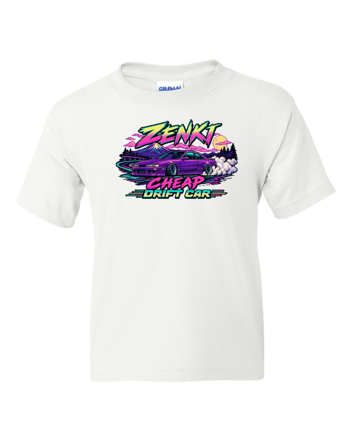 16-bit pixel art print of a Nissan Silvia S14 zenki drift car white kids tee front view with the design