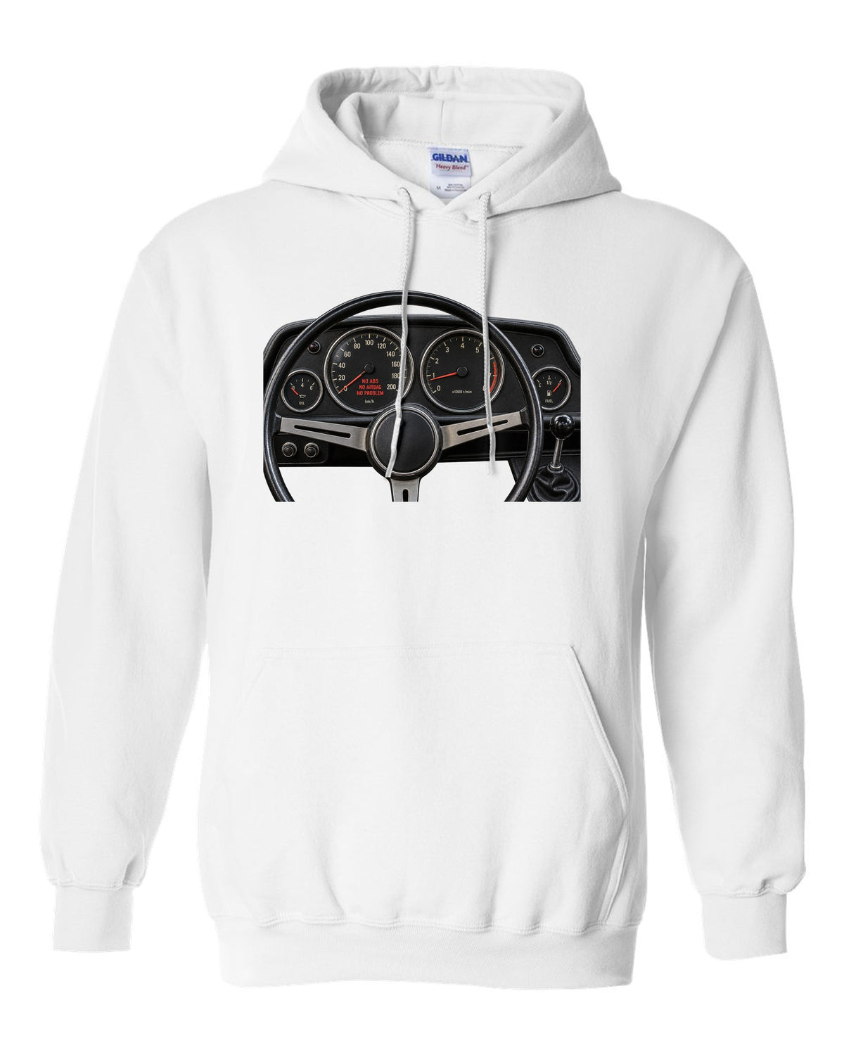 BMW 2002 cockpit gauge print with no ABS no airbag no problem text white pull over hoodie front view with the design