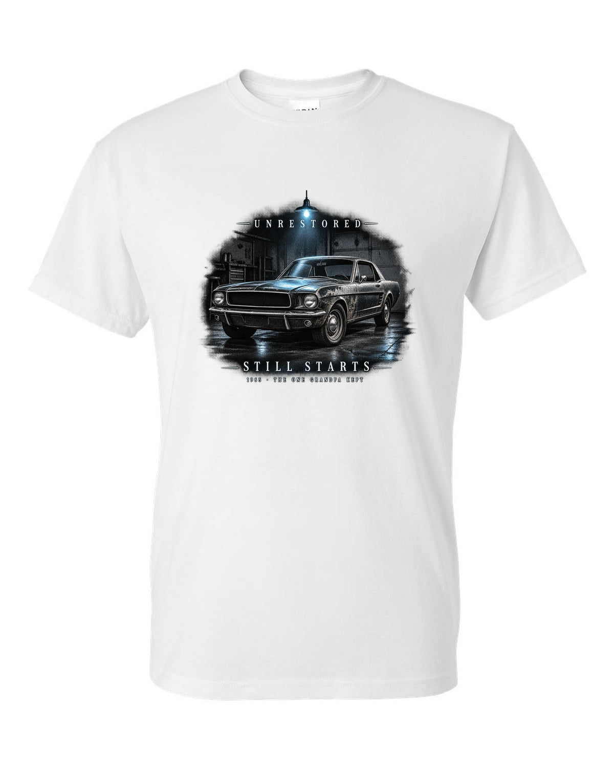 Garage night illustration of a white 1965 Ford Mustang coupe with unrestored still starts lettering white t-shirt front view with the design