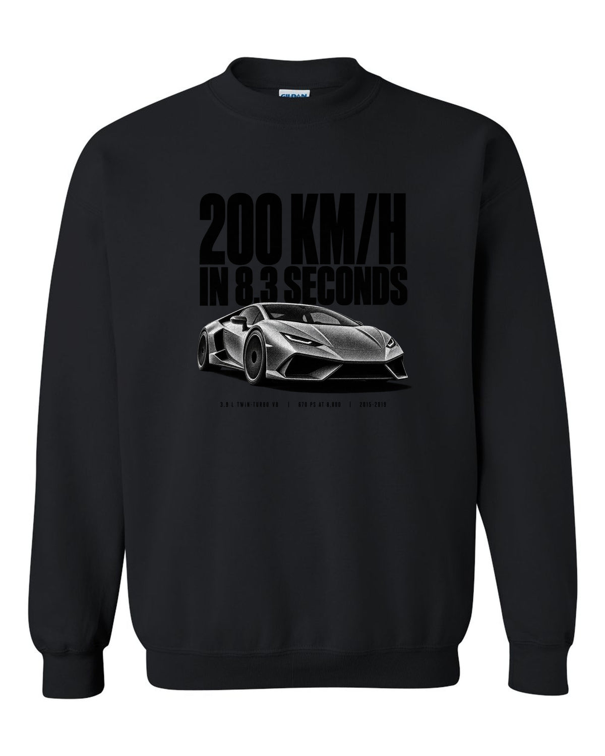 Halftone print of a Ferrari 488 GTB front three-quarter with the text 200 km/h in 8.3 seconds black crewneck front view with the design