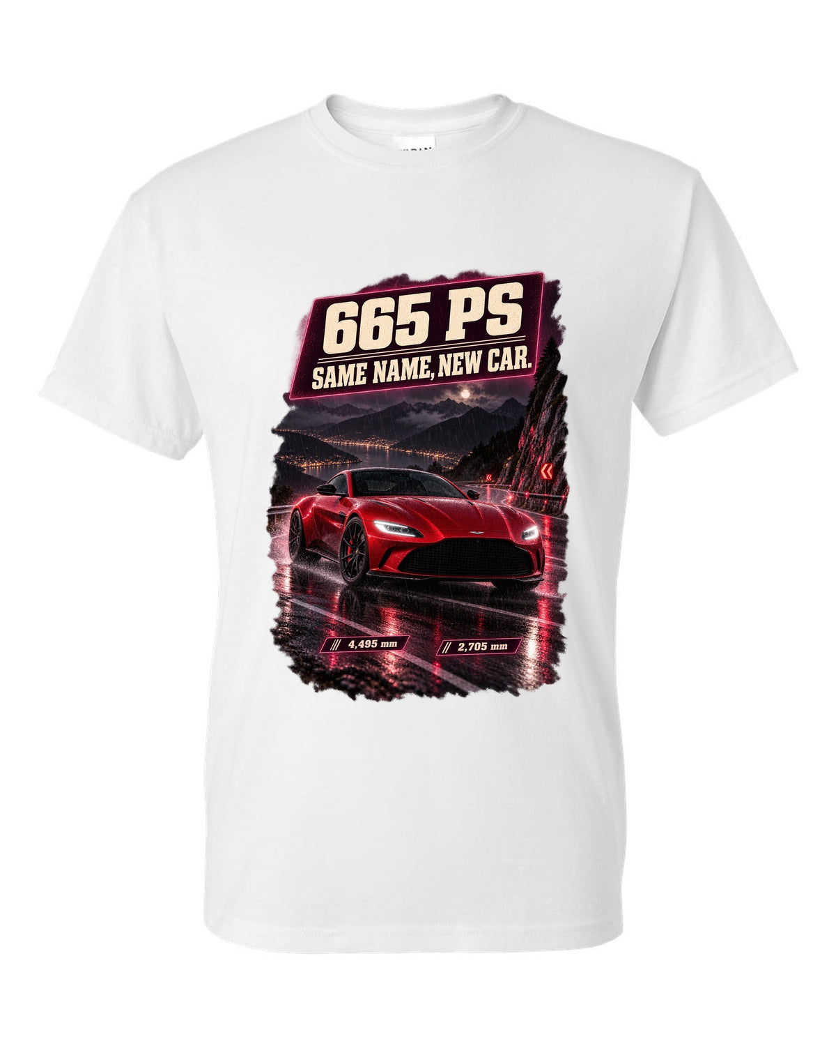 Aston Martin Vantage 2024 touge night street print with 665 PS text white t-shirt front view with the design