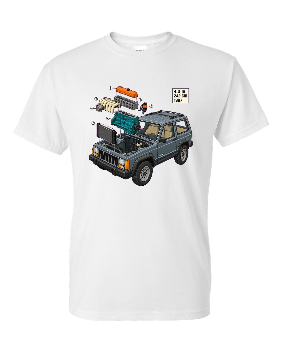 Isometric exploded diagram of a Jeep Cherokee XJ 4.0 inline six engine bay white t-shirt front view with the design