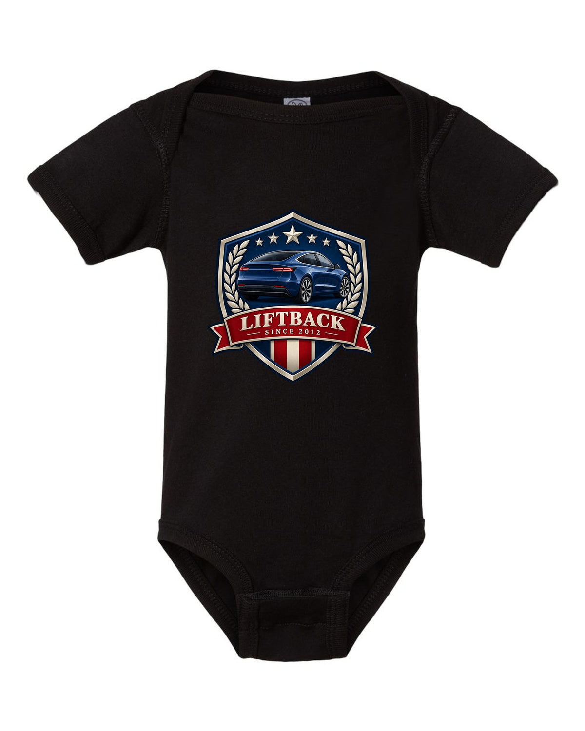 Original shield crest design of a 2021 Tesla Model S Plaid with the words Liftback Since 2012 black baby onesie front view with the design