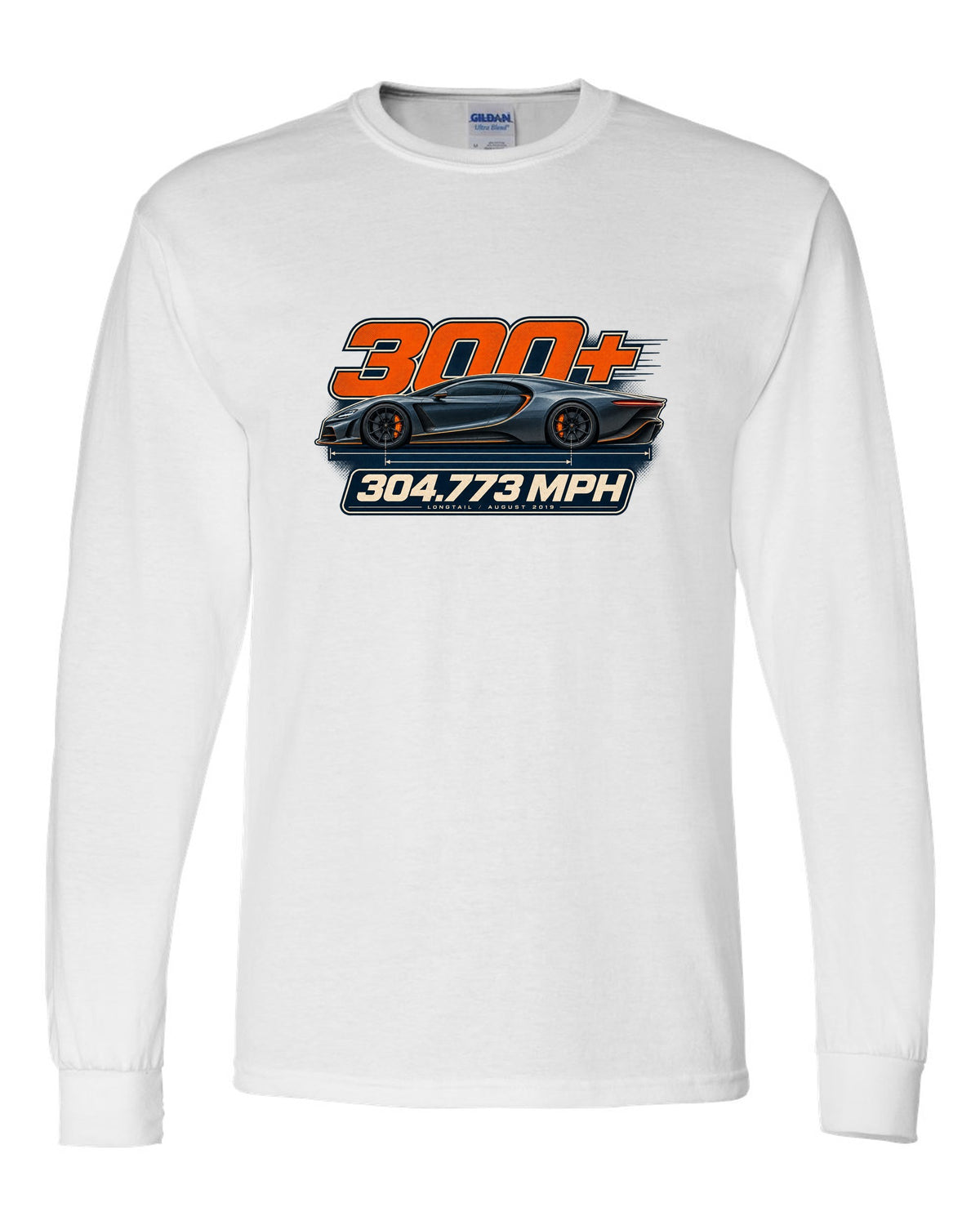 Spec poster of the Bugatti Chiron Super Sport 300+ with 304.773 mph text, print white long sleeve front view with the design