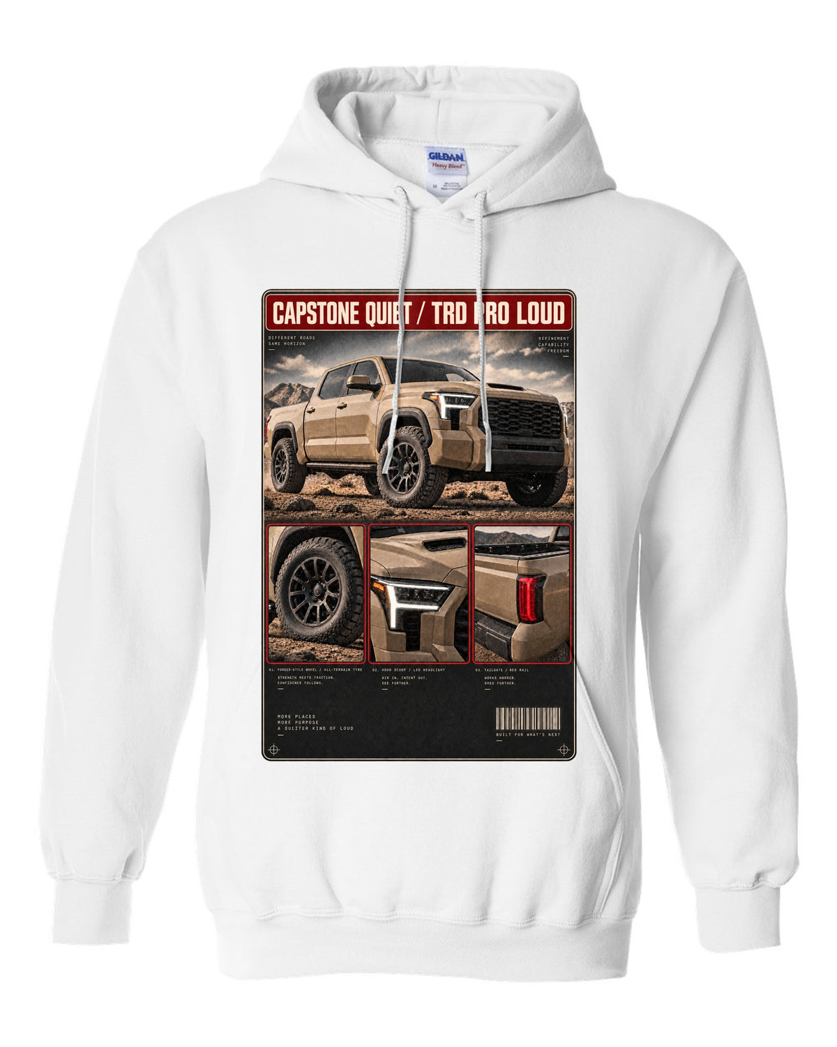 Toyota Tundra TRD Pro CrewMax dossier panel design white pull over hoodie front view with the design