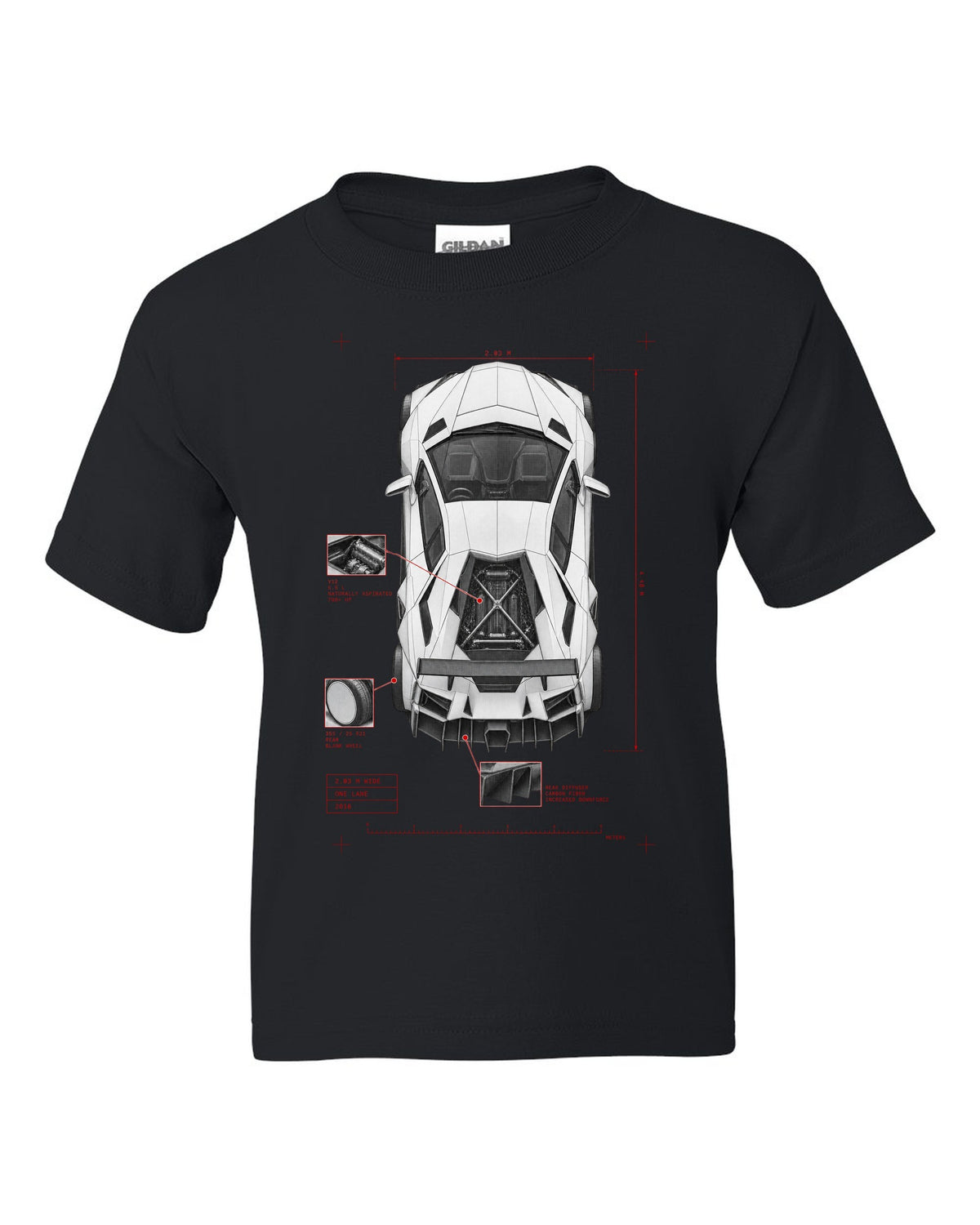 Lamborghini Aventador S LP740-4 spec poster print reading 2.03 M wide, one lane, 2016 black kids tee front view with the design