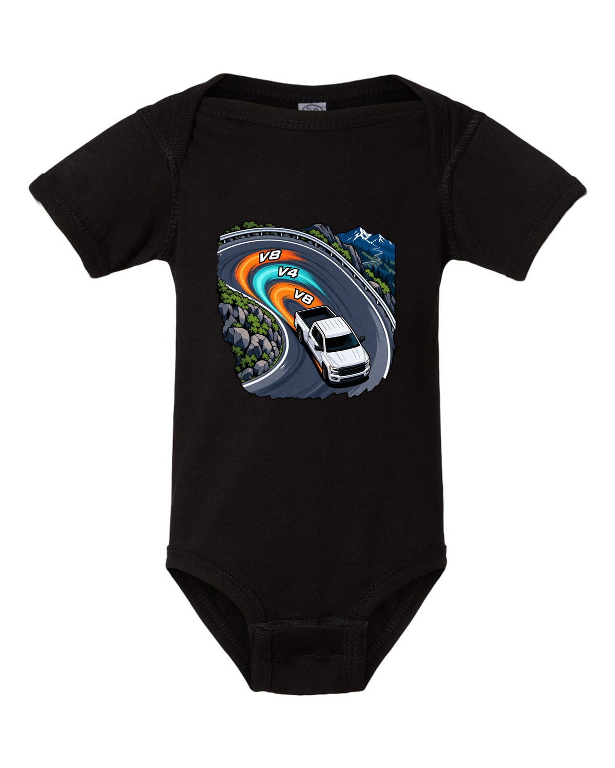 Cel-shaded anime night touge print of a 2007-2013 Chevrolet Silverado GMT900 with V8 V4 V8 text black baby onesie front view with the design