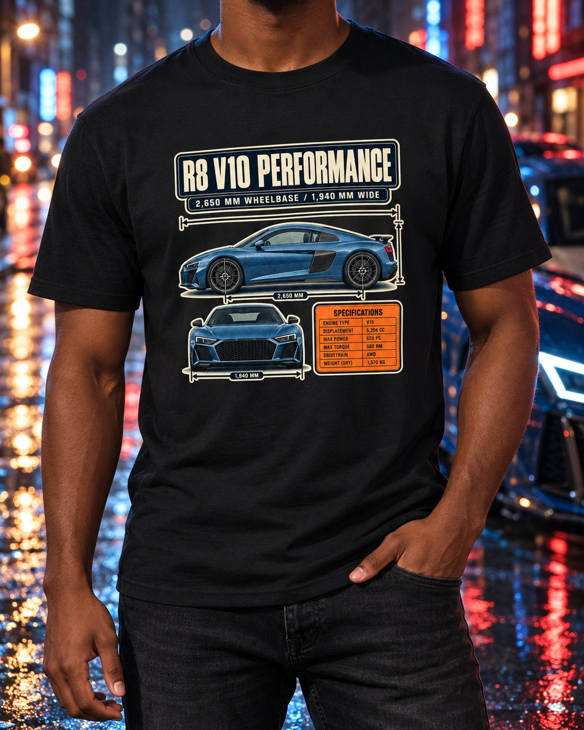 Audi R8 V10 Performance Dimension Blueprint Tee, Type 4S Car Shirt T-Shirt Black worn hero
