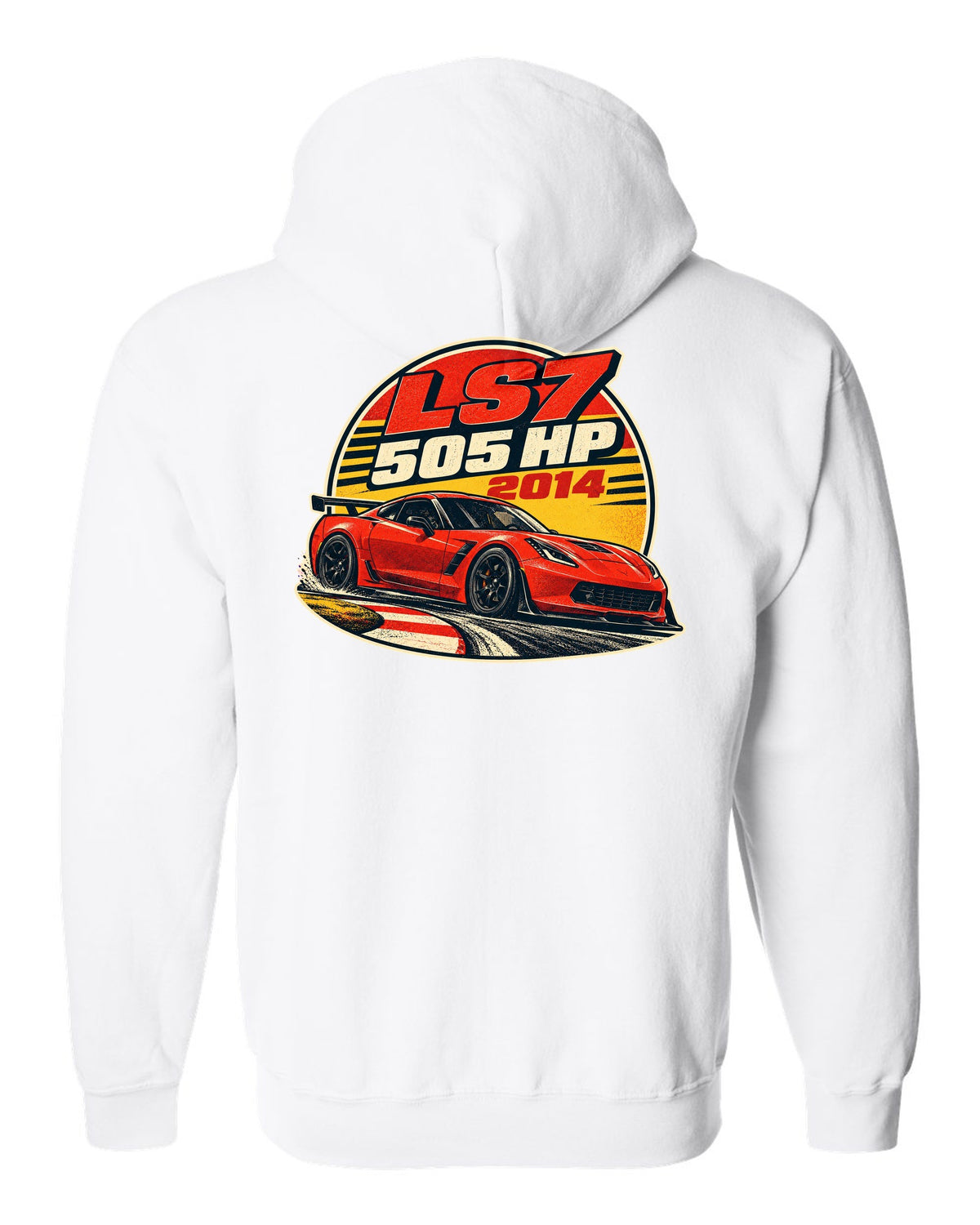 2014 Chevrolet Camaro Z/28 LS7 vintage race poster print with 505 HP text white zip hoodie back view with the design