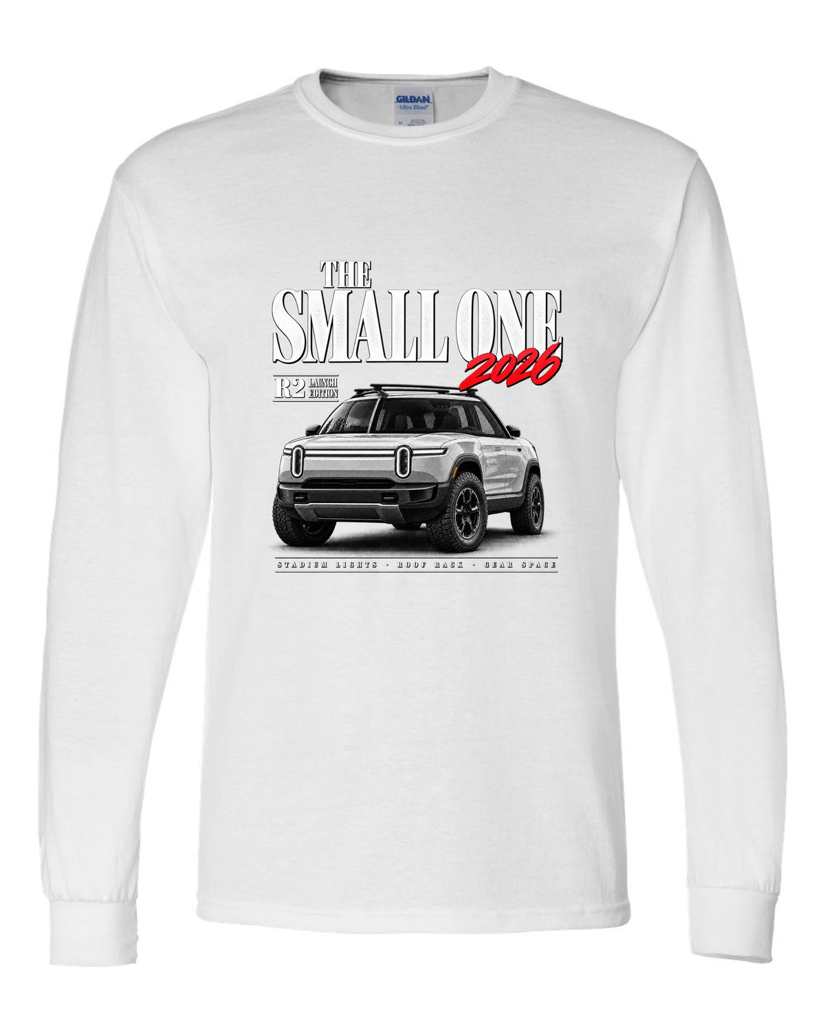 Rivian R2 2026 launch edition editorial headline reading The Small One white long sleeve front view with the design