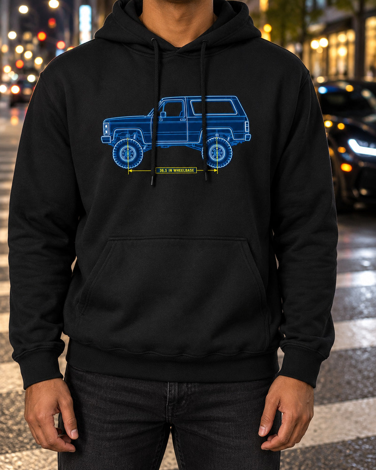 Chevrolet K5 Blazer Blueprint Side View Shirt, Squarebody Gift Pull Over Hoodie Black worn hero