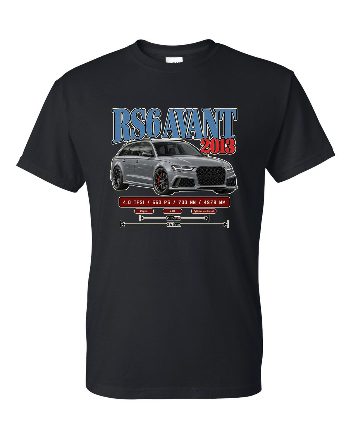 Audi RS6 Avant C7 2013 archive panel print black t-shirt front view with the design