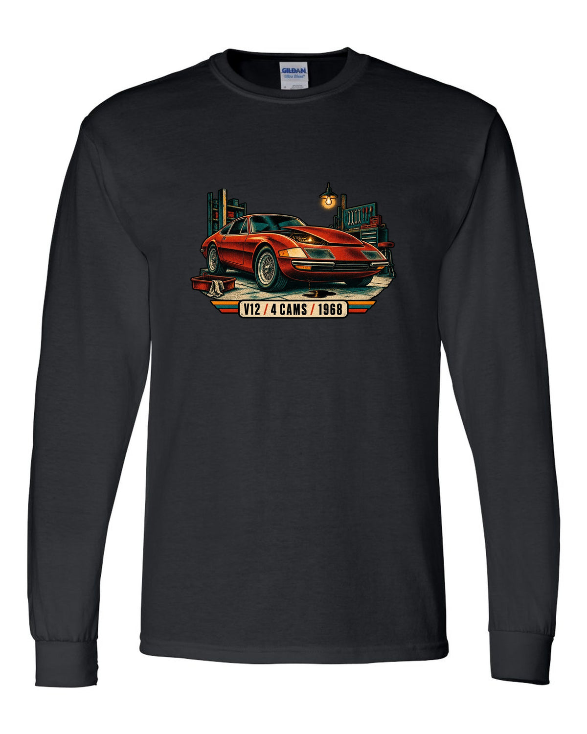 Risograph spot colour print of a Ferrari 365 GTB/4 Daytona in a garage with V12 4 Cams 1968 lettering black long sleeve front view with the design