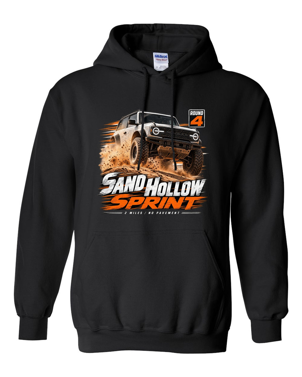 Jeep Wrangler JL dune sprint race poster print with Sand Hollow text black pull over hoodie front view with the design