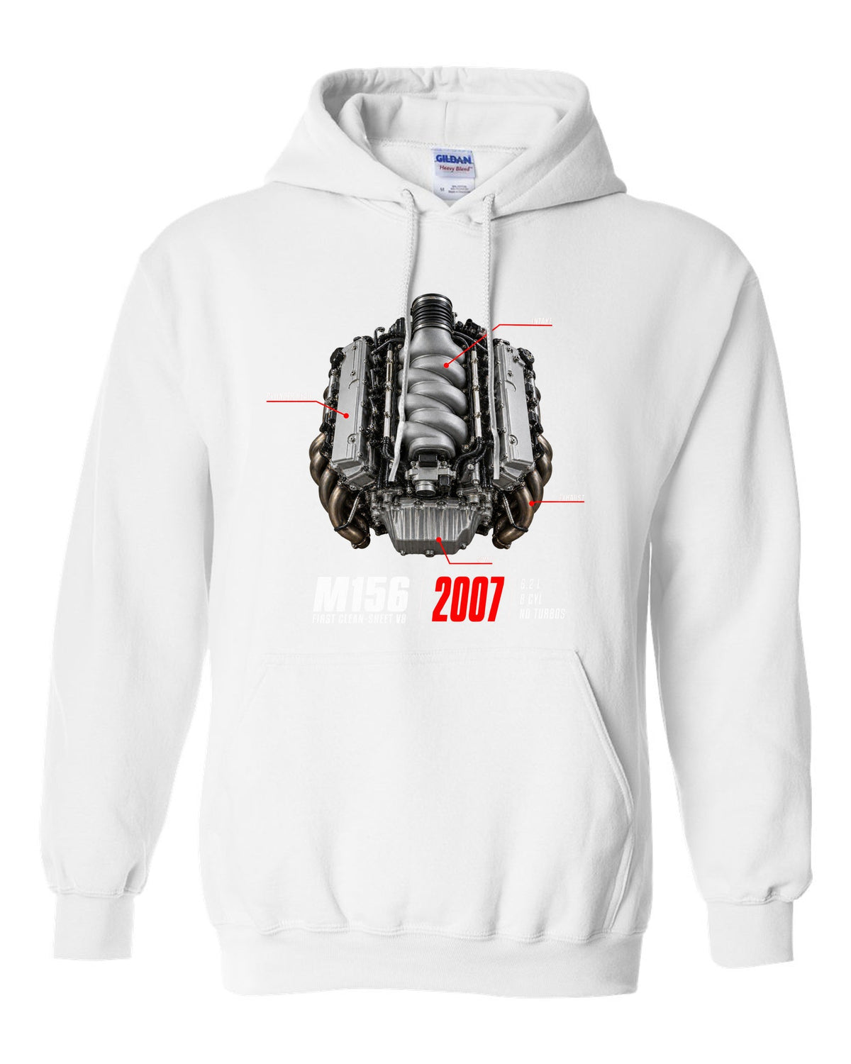 Mercedes C63 AMG W204 M156 V8 engine hero print with first clean-sheet V8 text white pull over hoodie front view with the design