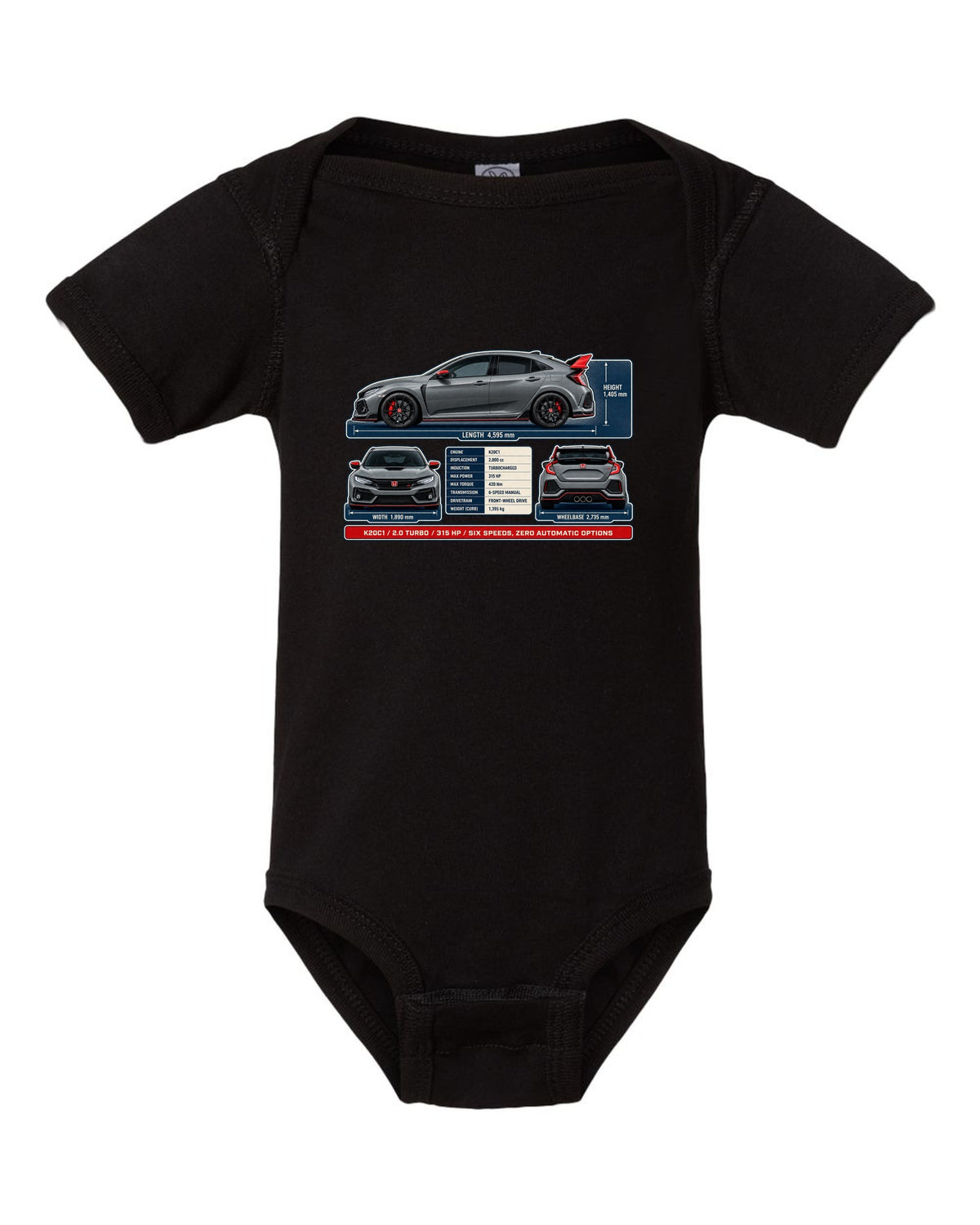 print dimension blueprint of a Honda Civic Type R FL5 in warm grey black baby onesie front view with the design