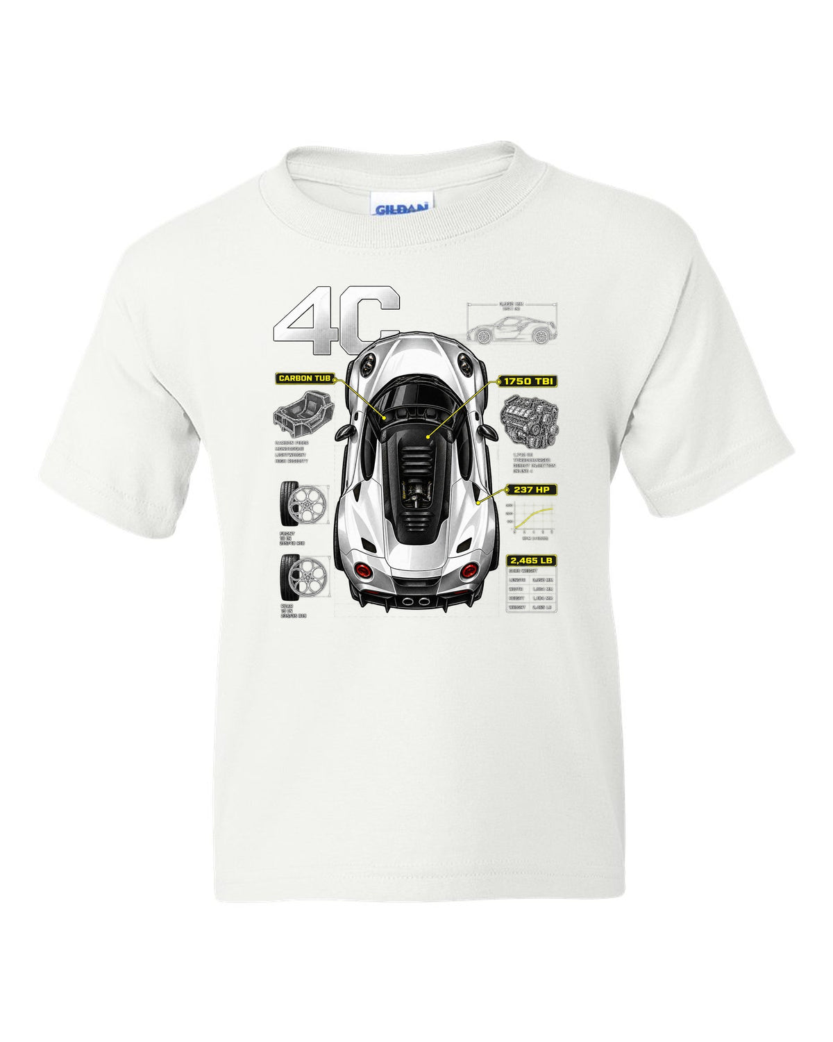 Overhead spec poster print of an Alfa Romeo 4C with carbon tub and 237 HP text white kids tee front view with the design