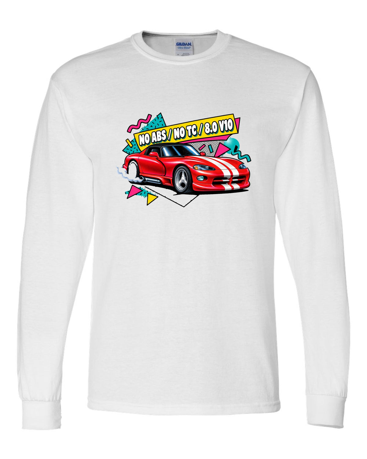 Airbrushed 90s Memphis grid design of a 1994 Dodge Viper RT/10 SR I white long sleeve front view with the design