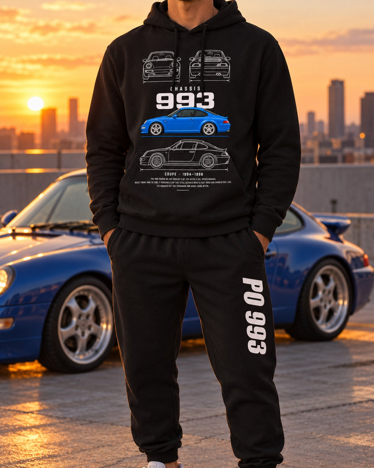PO 993 Blueprint Hoodie + Jogger Set Black worn hero