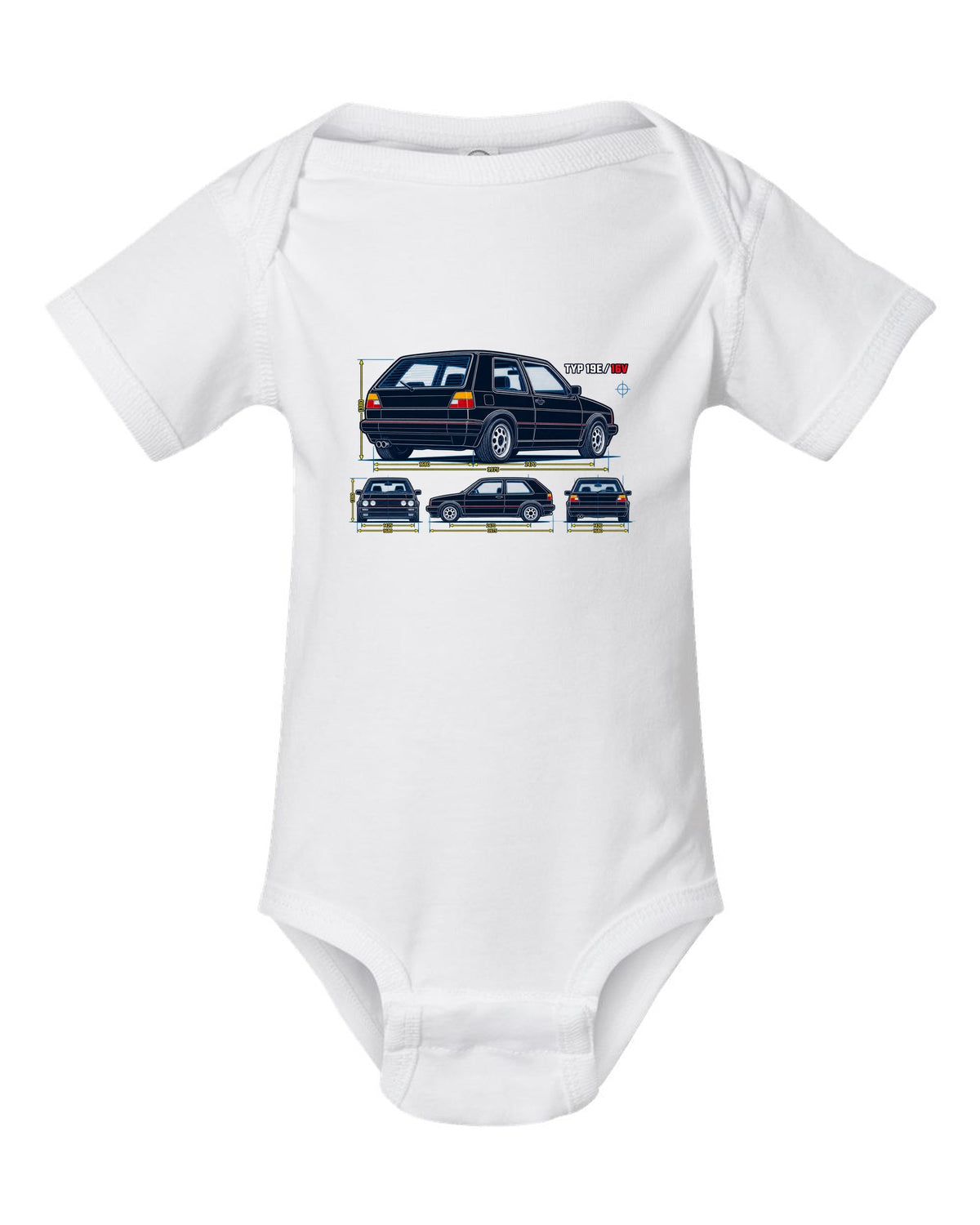 Blueprint line art print of a VW Golf Mk2 GTI 16V with Typ 19E text white baby onesie front view with the design