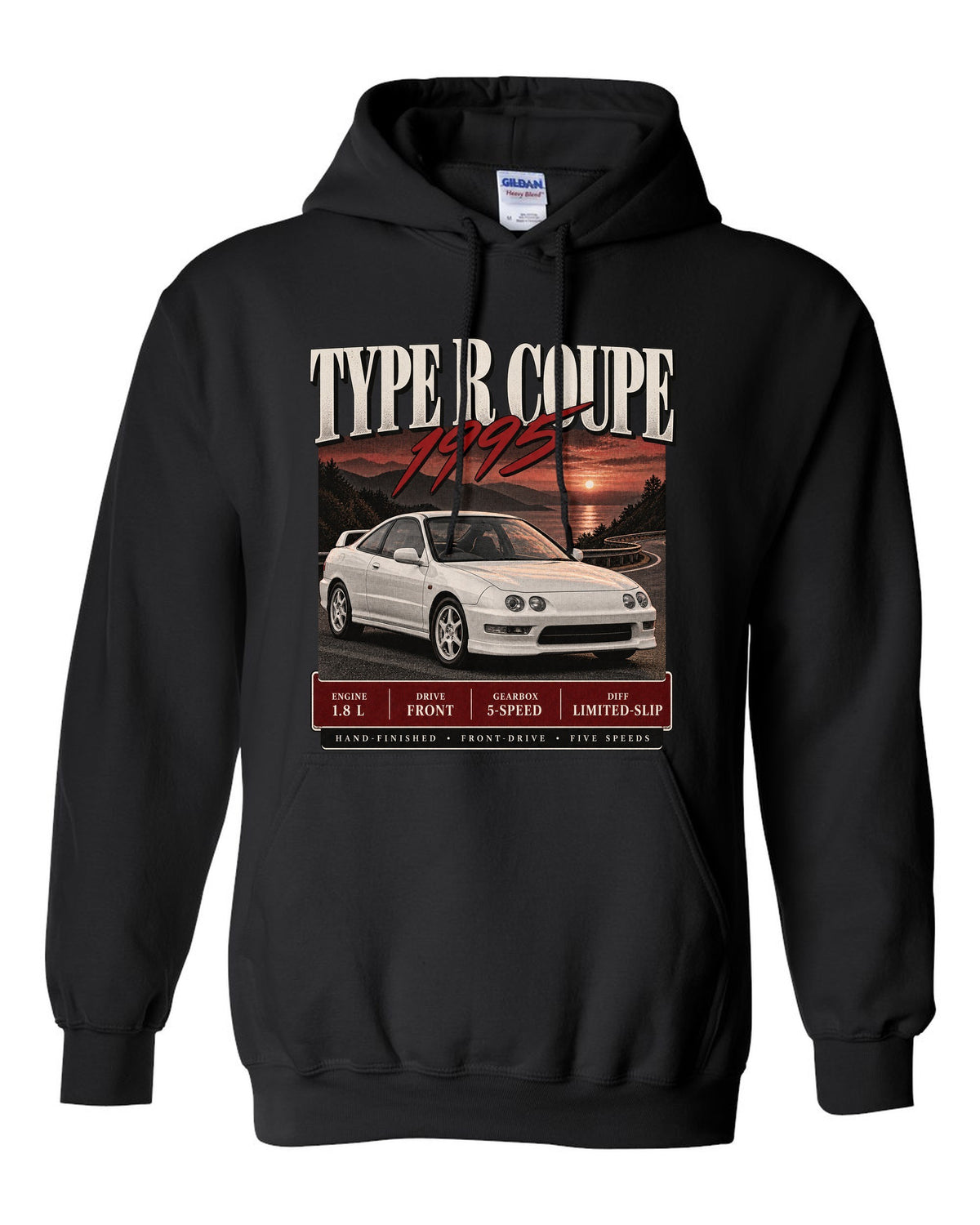 Honda Integra DC2 Type R coupe archive panel design labelled The Teg black pull over hoodie front view with the design