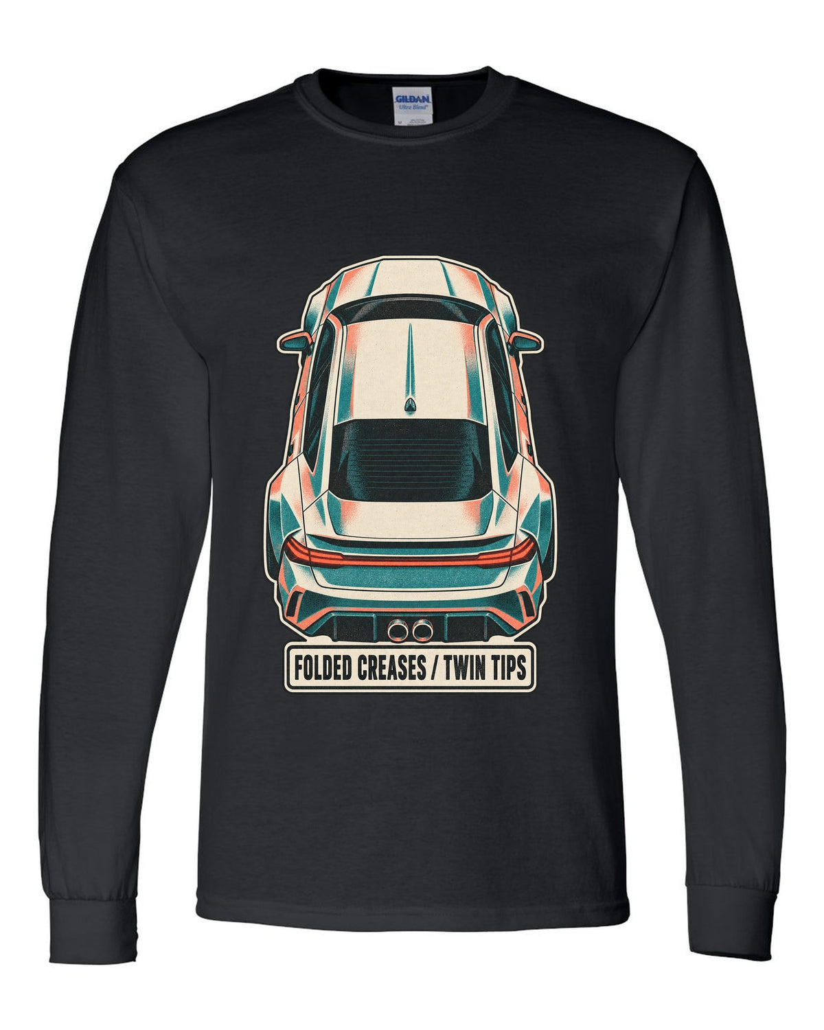 Risograph duotone top-down print of a Hyundai Elantra N CN7 with folded creases and twin tips text black long sleeve front view with the design