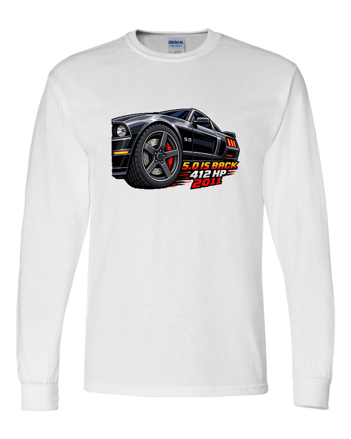 16-bit pixel art print of a Ford Mustang S197 GT wheel with 5.0 is back 412 HP text white long sleeve front view with the design