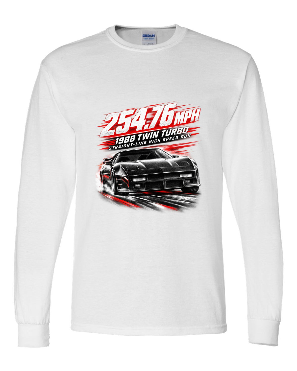 Callaway Sledgehammer 1988 twin-turbo C4 coupe race poster print 254.76 mph white long sleeve front view with the design