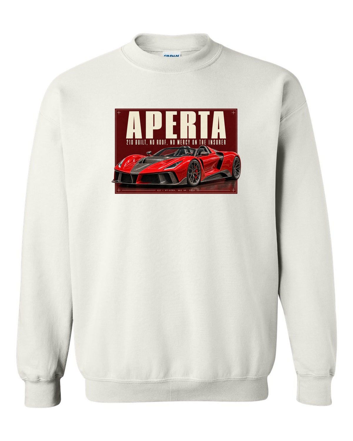 Ferrari LaFerrari Aperta editorial headline print, 210 built white crewneck front view with the design
