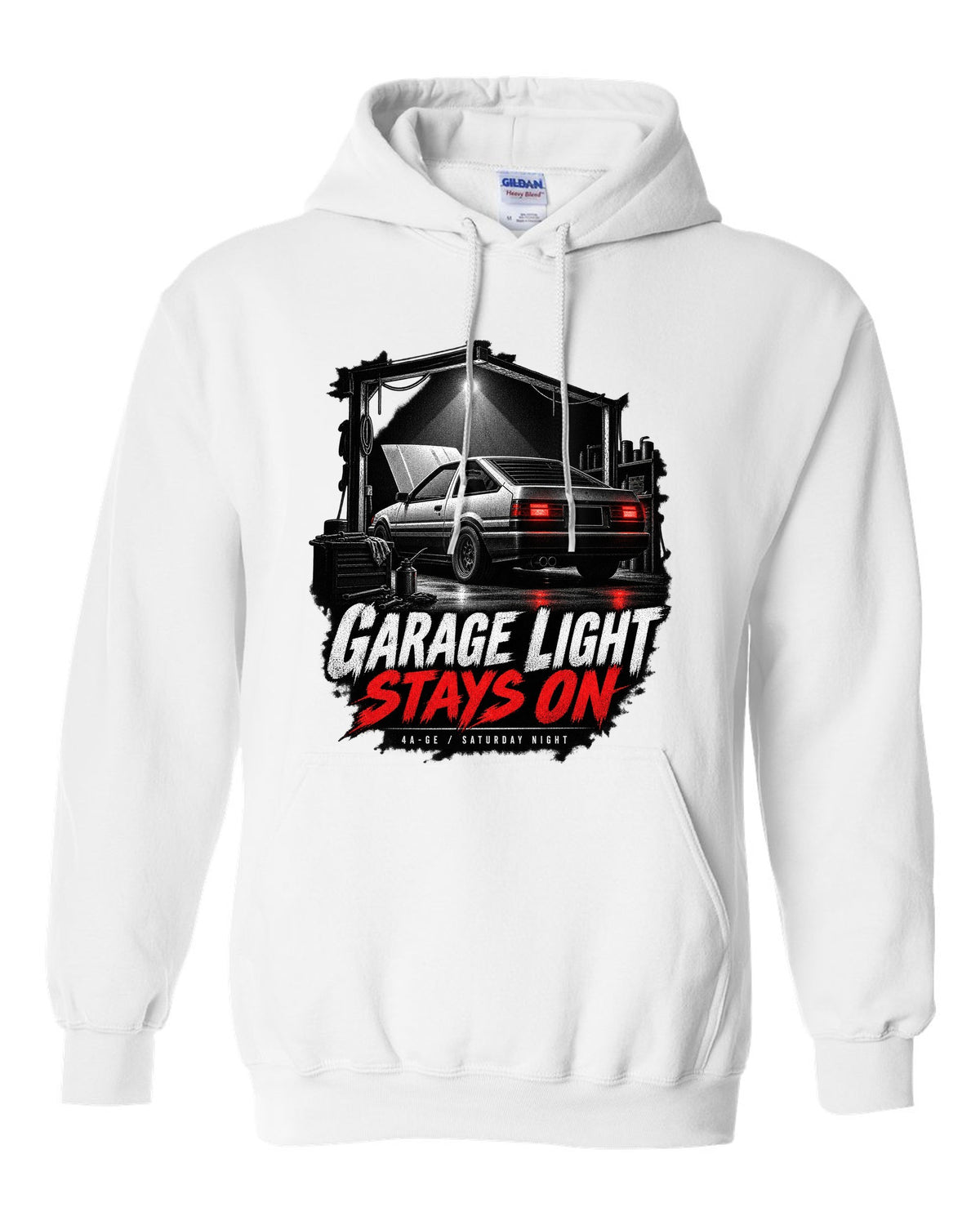 Garage night print of a Toyota AE86 Sprinter Trueno with 4A-GE lettering white pull over hoodie front view with the design