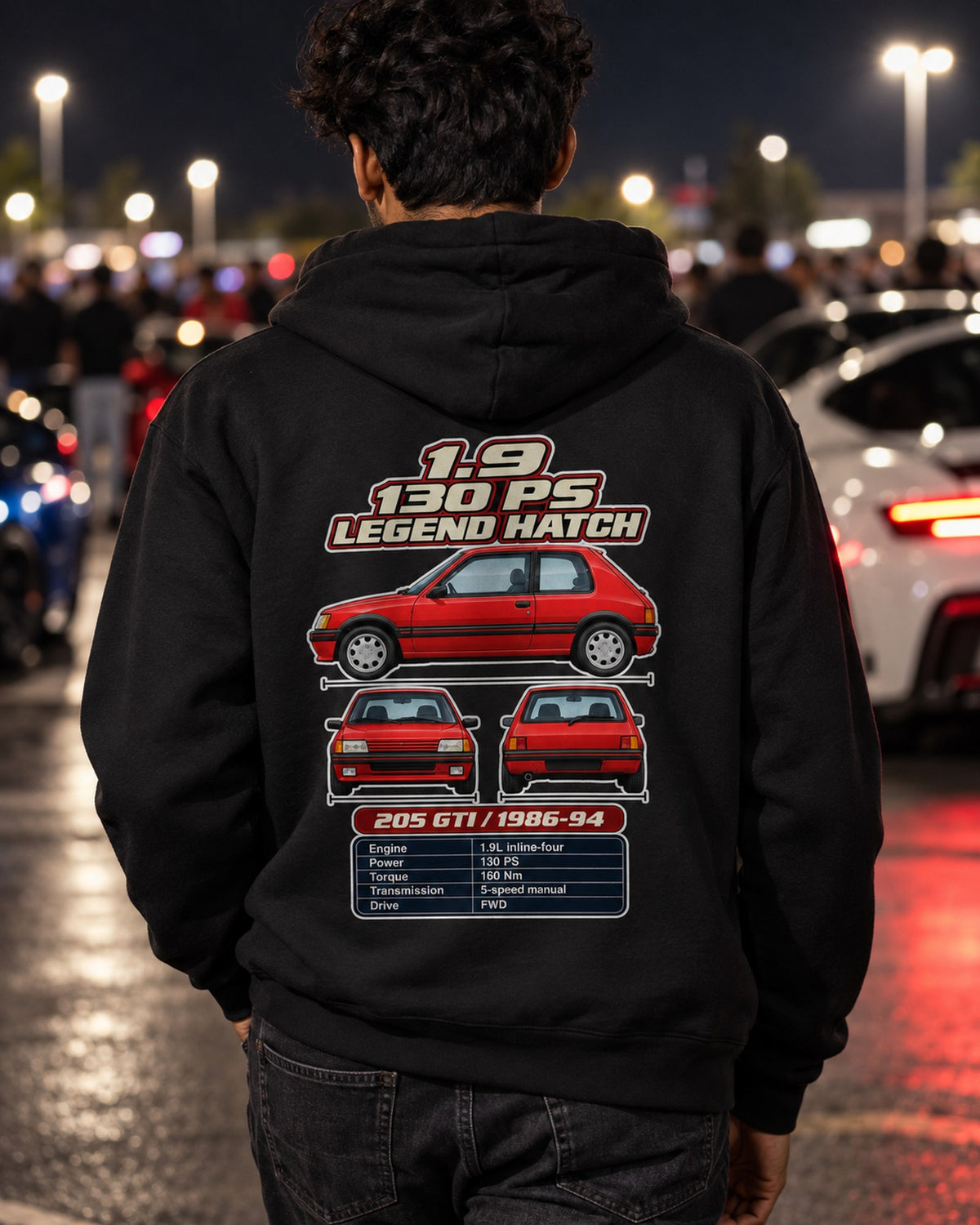 Peugeot 205 Gti 19 Spec Sheet Full-Back Graphic Tee Pull Over Hoodie Black worn hero