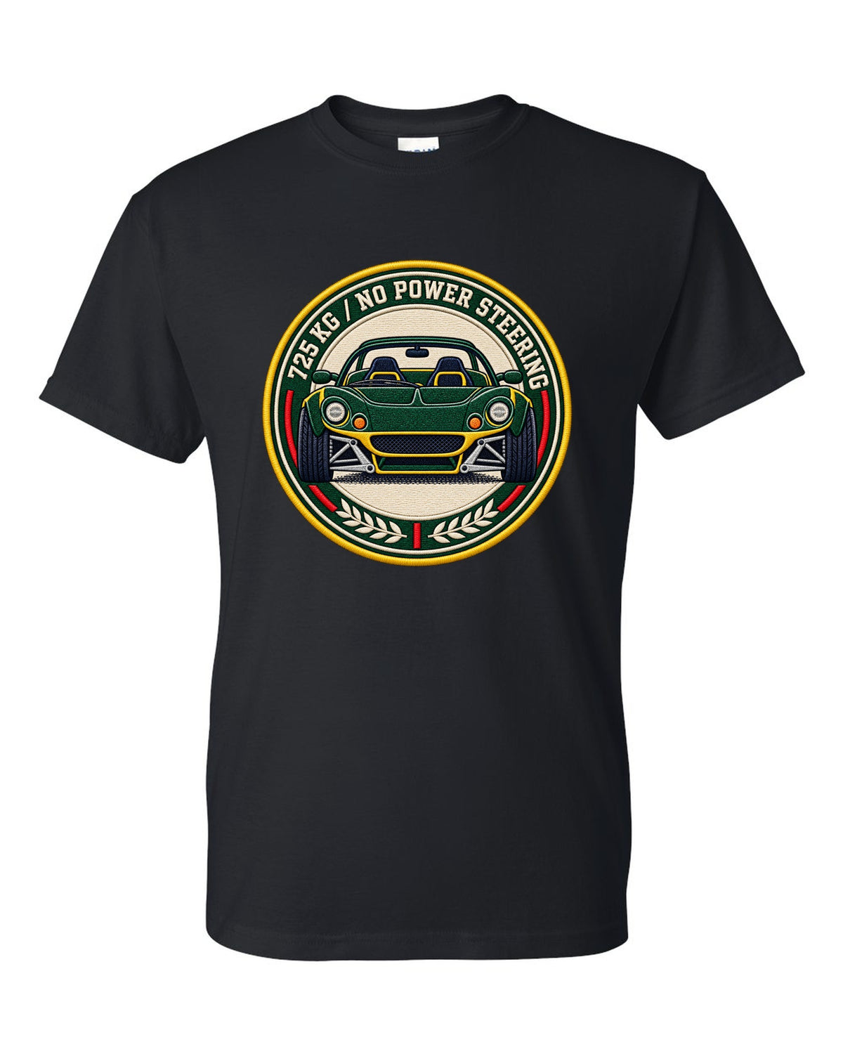 Lotus Elise S1 varsity crest design with 725 KG and no power steering lettering black t-shirt front view with the design