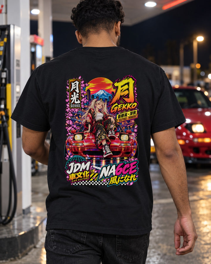 GEKKO NA6CE Anime Girl Full-Back Graphic Tee T-Shirt Black worn hero