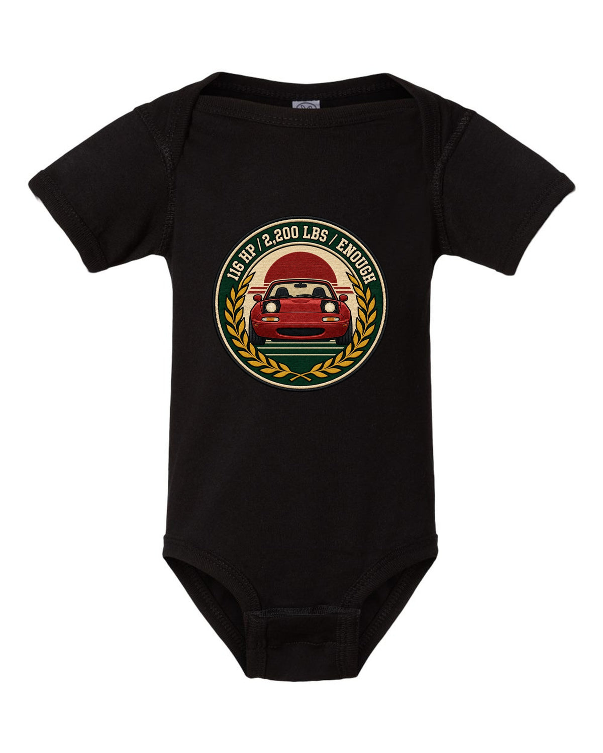 Embroidery-style varsity crest of a Mazda MX-5 NA6C with 116 HP spec text black baby onesie front view with the design