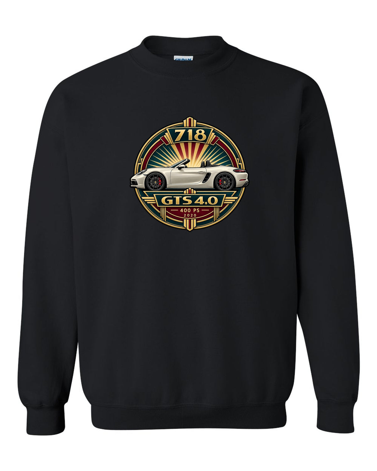 Art deco poster crest design for the Porsche 718 Boxster GTS 4.0 with 400 PS and 2020 lettering black crewneck front view with the design