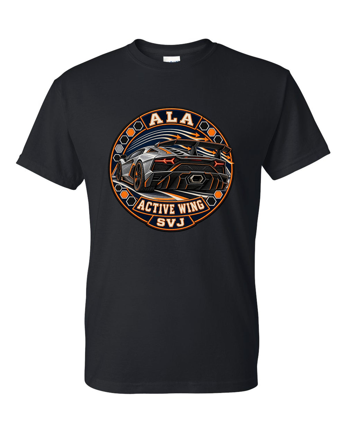 Embroidery-style round crest of a Lamborghini Aventador SVJ LP770-4 with text ALA / ACTIVE WING / SVJ black t-shirt front view with the design