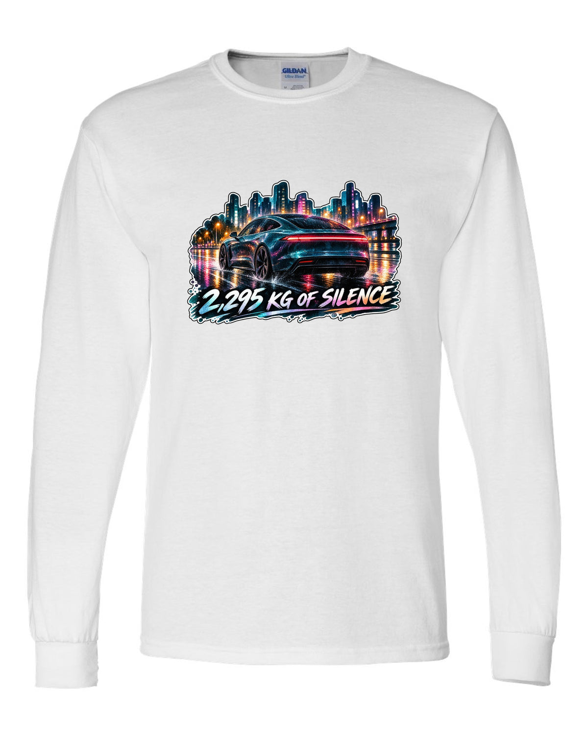 Porsche Taycan Turbo S 9J1 watercolor wet road night print with the text 2,295 kg of silence white long sleeve front view with the design