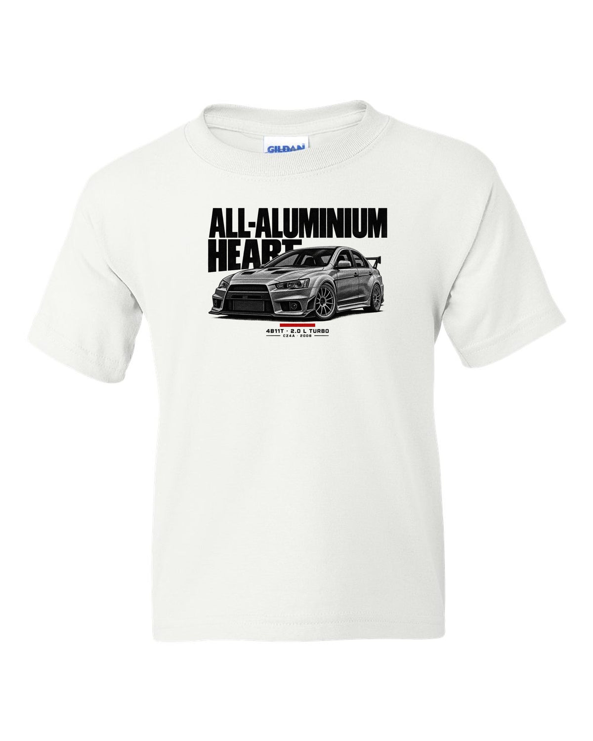 Halftone Mitsubishi Lancer Evolution X CZ4A with all-aluminium 4B11T text white kids tee front view with the design