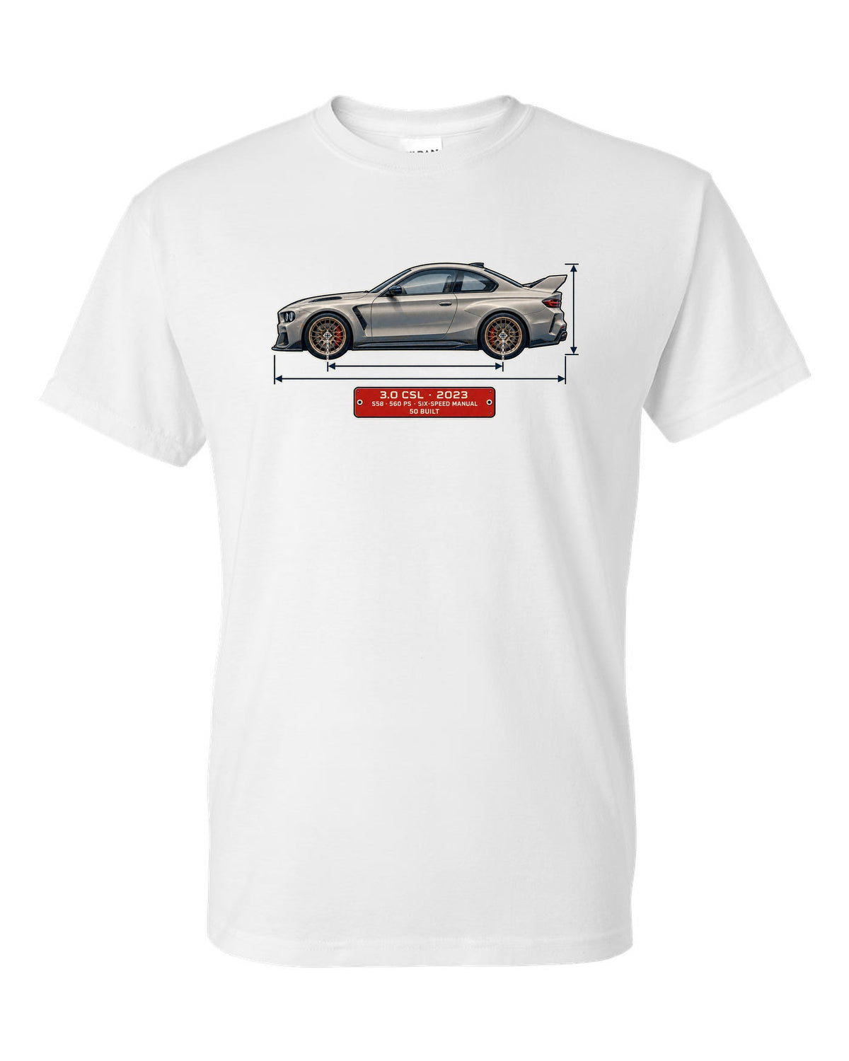 BMW 3.0 CSL 2023 dimension blueprint print white t-shirt front view with the design
