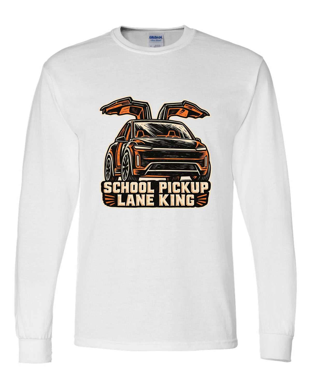 Chunky linocut woodblock print of a Tesla Model X reading School Pickup Lane King white long sleeve front view with the design