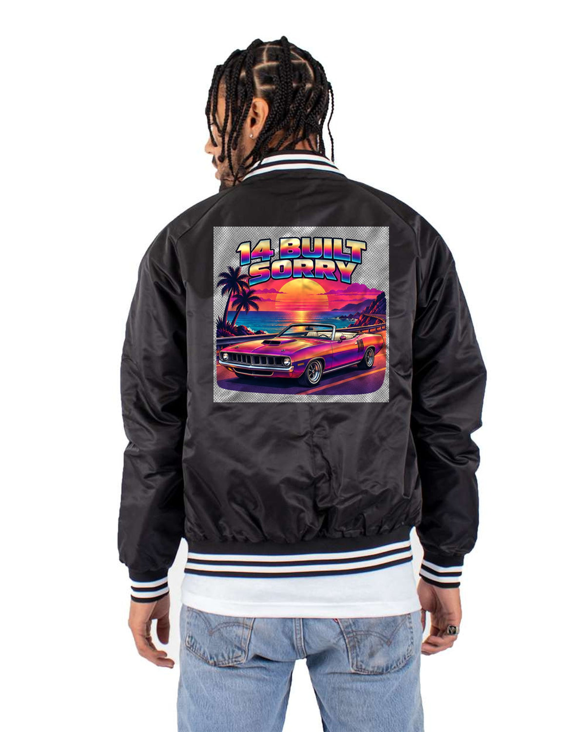 1970 Plymouth Hemi 'Cuda Convertible Sunset Synth Shirt Bomber Jacket Black back